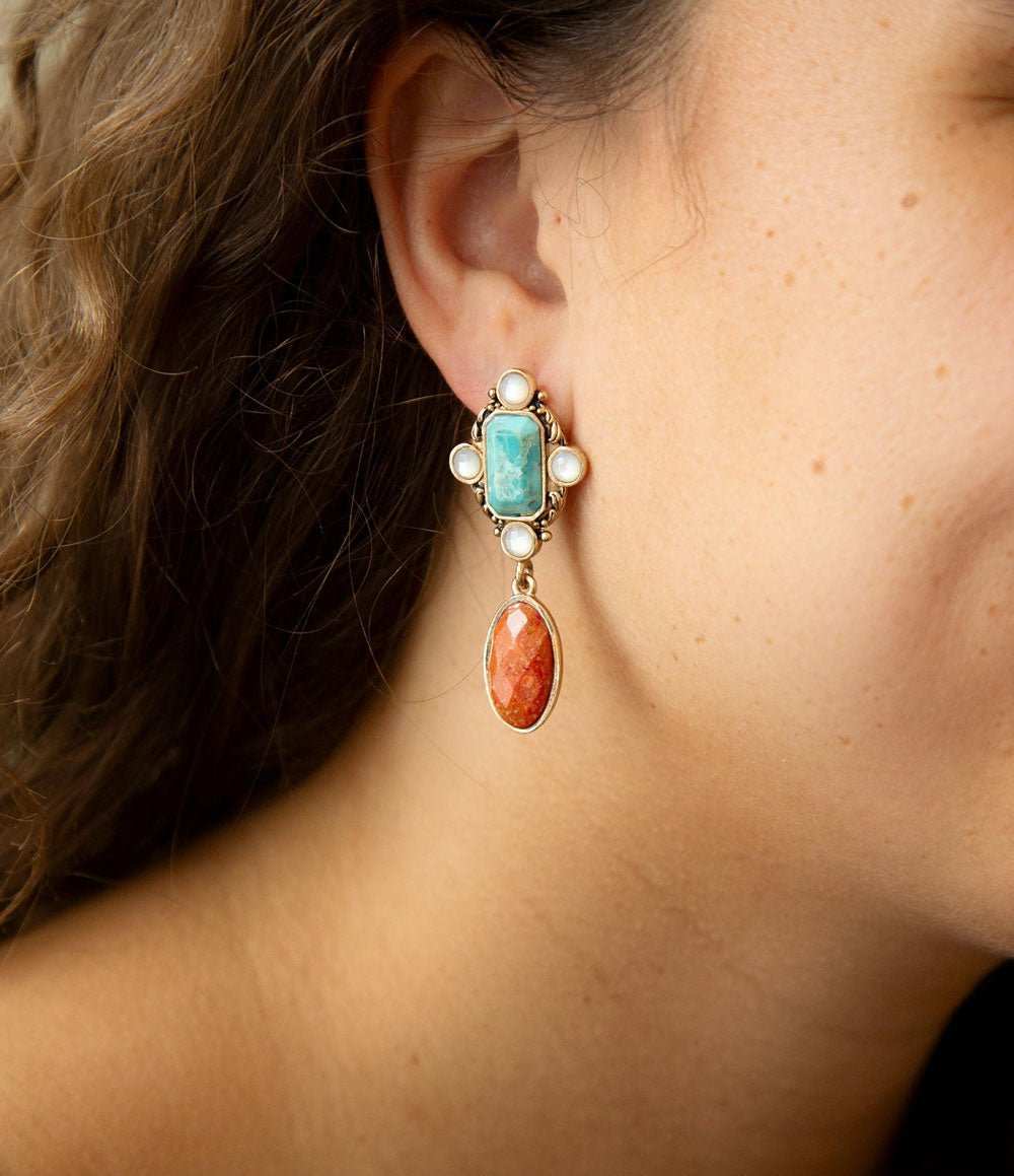 Champs Blue Turquoise and Orange Coral Post Drop Golden Earrings - Barse Jewelry - Flyclothing LLC