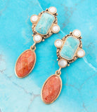Champs Blue Turquoise and Orange Coral Post Drop Golden Earrings - Barse Jewelry