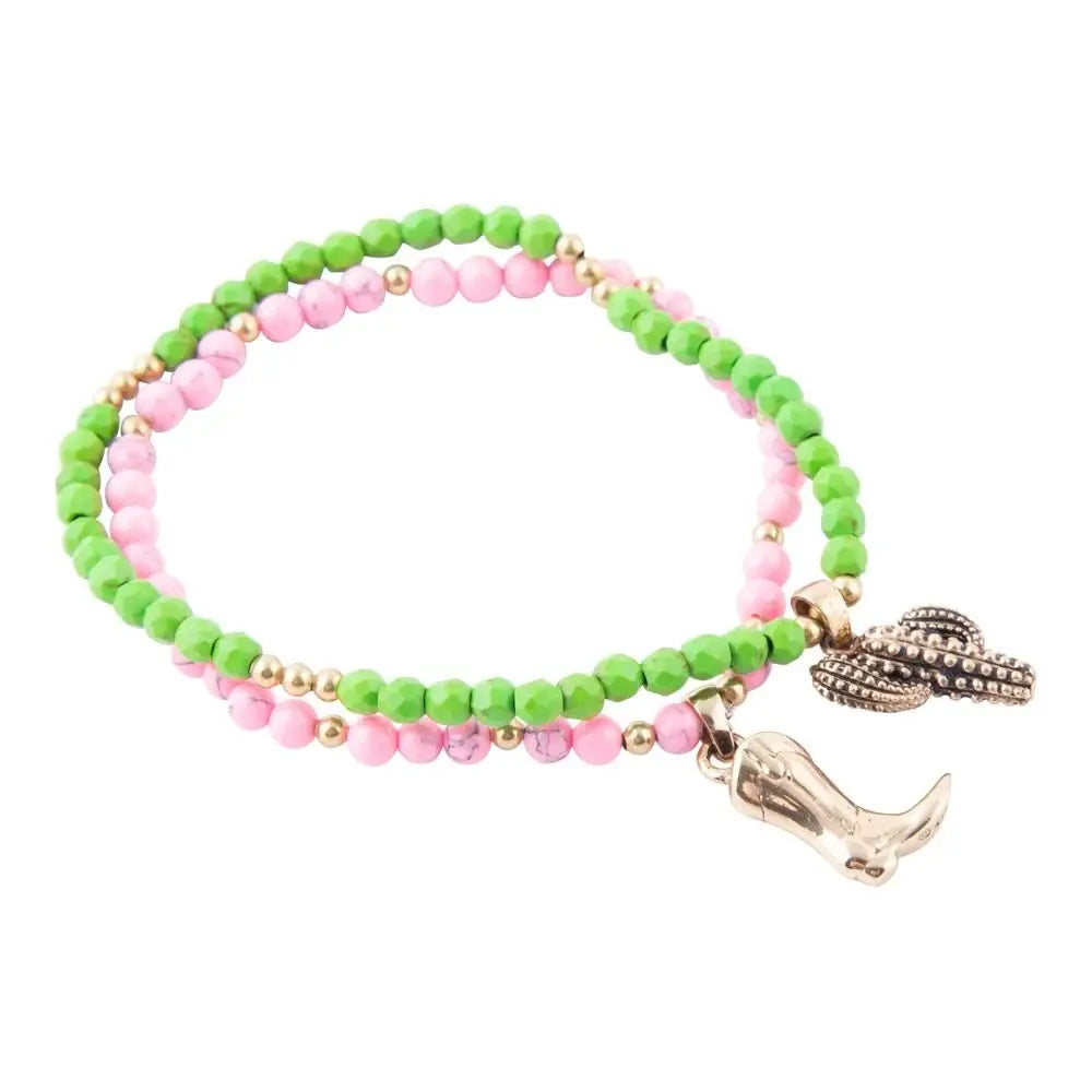 Charmed Cactus and Boot Pink Green Jade Golden Bracelet Set - Barse Jewelry - Flyclothing LLC