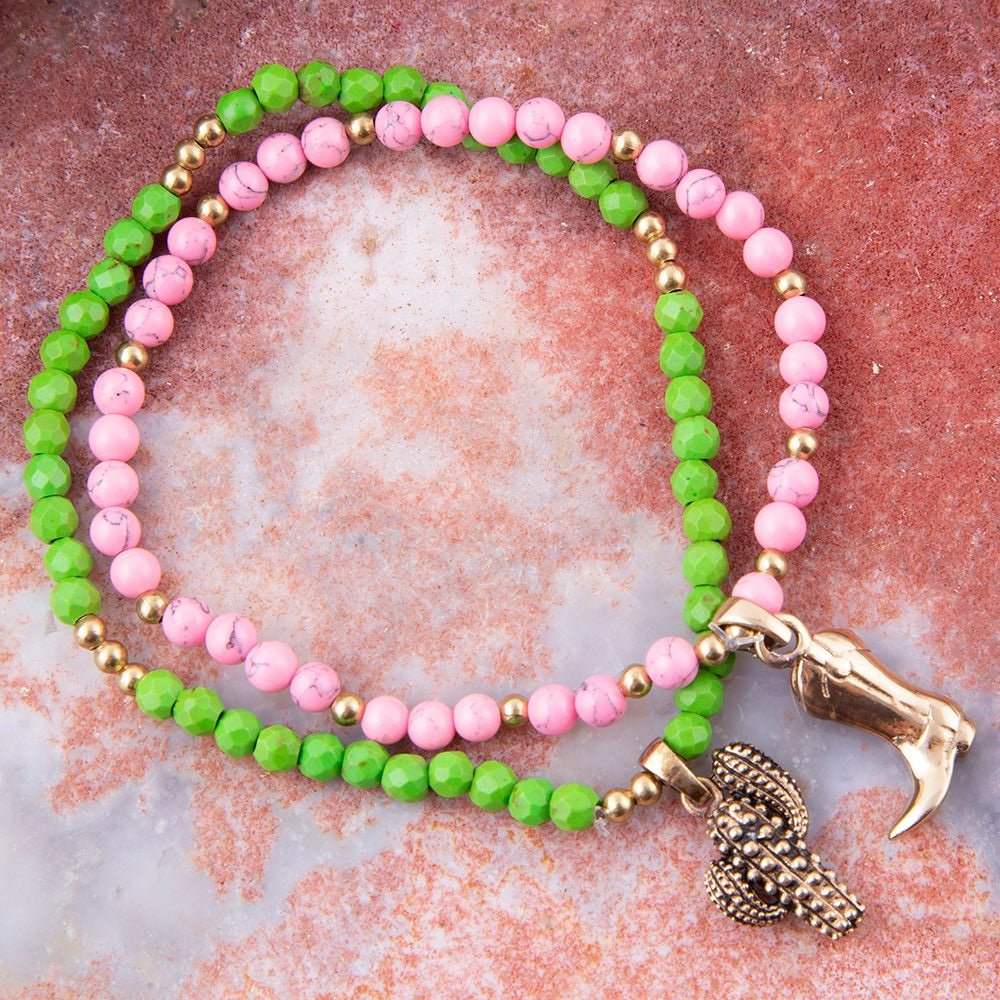Charmed Cactus and Boot Pink Green Jade Golden Bracelet Set - Barse Jewelry - Flyclothing LLC