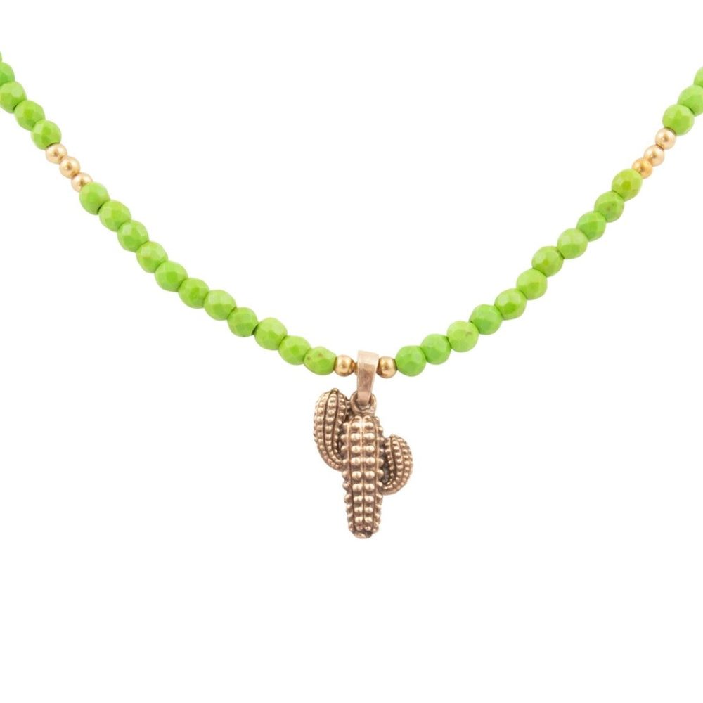 Charmed Cactus Lime Green Turquoise Golden Pendant Necklace - Barse Jewelry
