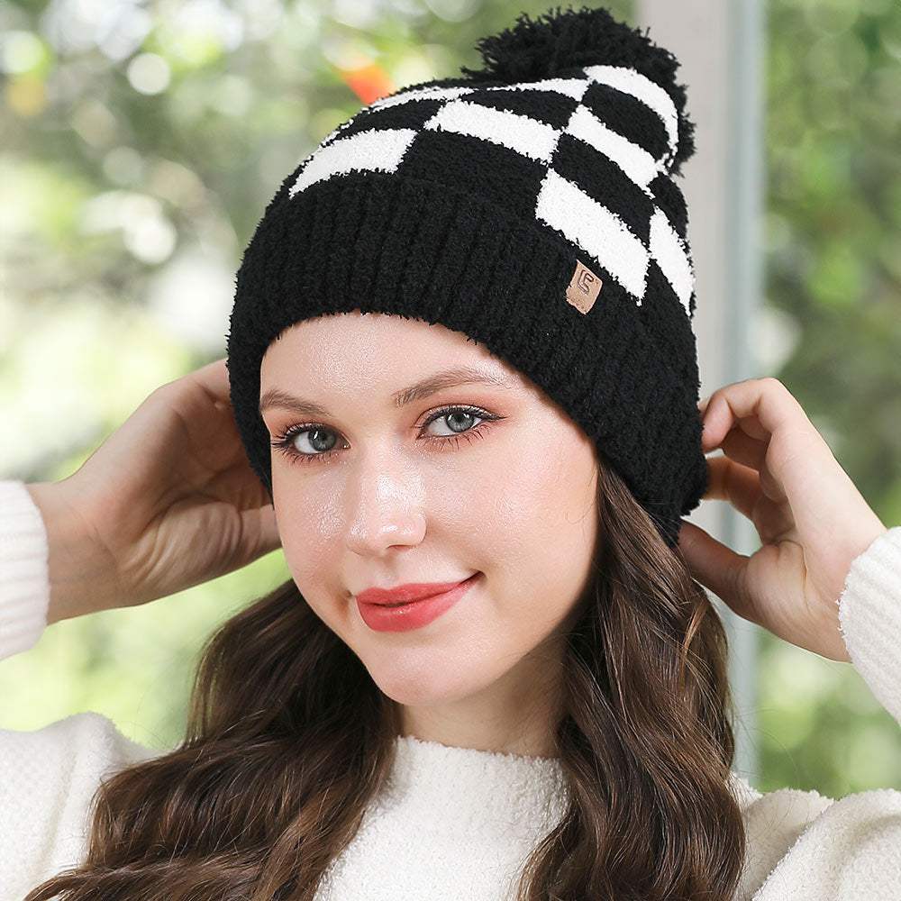 Checkered Beanie with Pom Pom - Madeline Love - Flyclothing LLC