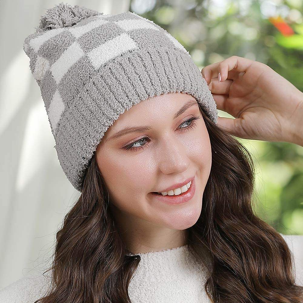 Checkered Beanie with Pom Pom - Madeline Love - Flyclothing LLC