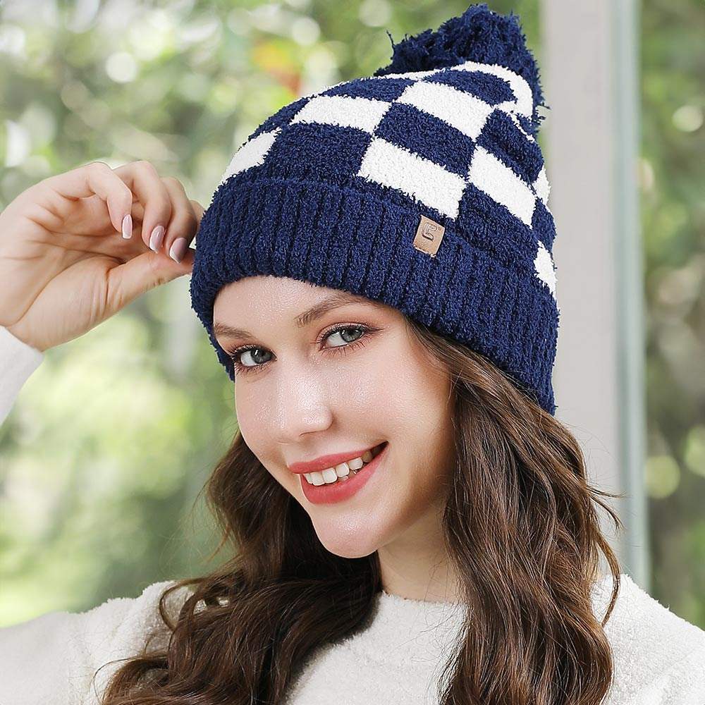 Checkered Beanie with Pom Pom - Madeline Love - Flyclothing LLC