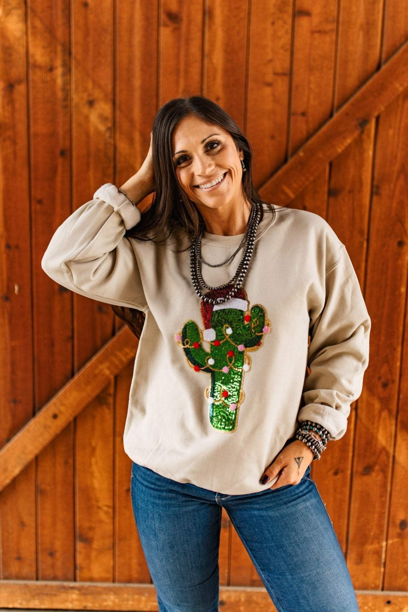 Christmas Cactus Sequins Patch Sweatshirt - Wild Junkie - Flyclothing LLC