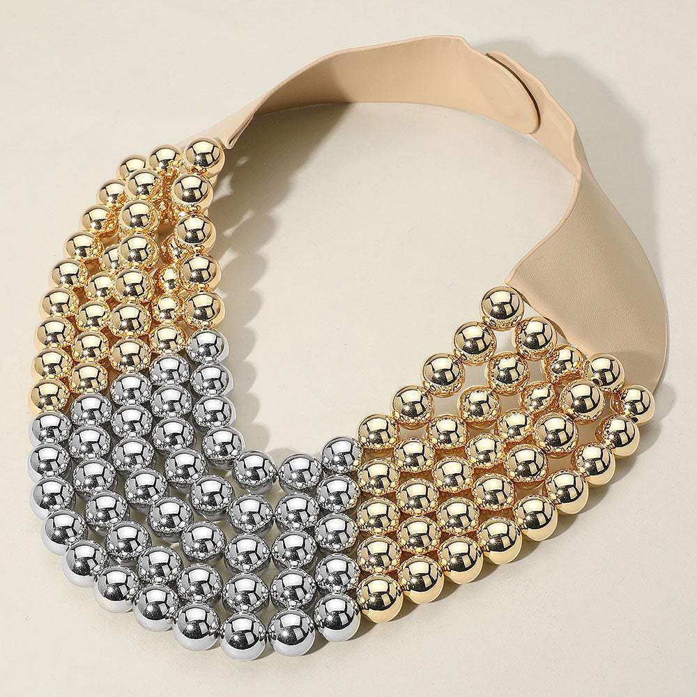 Chunky Two Tone Metal Ball Beaded Multi Layered Faux Leather Magnetic Necklace - Madeline Love - Flyclothing LLC