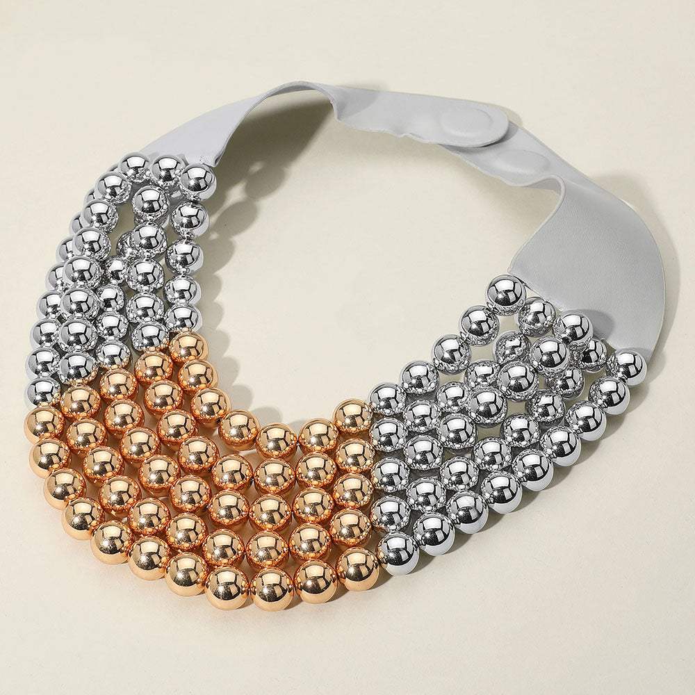 Chunky Two Tone Metal Ball Beaded Multi Layered Faux Leather Magnetic Necklace - Madeline Love - Flyclothing LLC