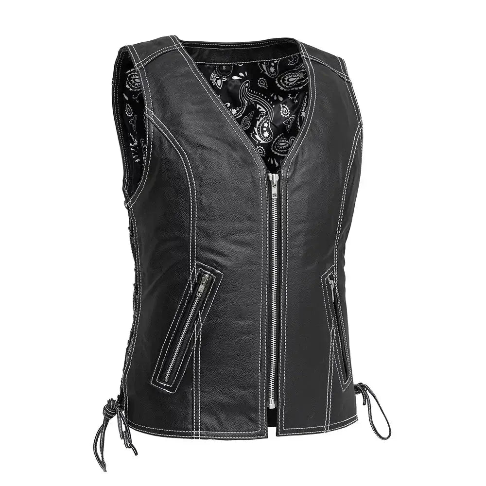 Cindy - Women's Motorcycle Leather Vest Black - First Manufacturing Company - Flyclothing LLC