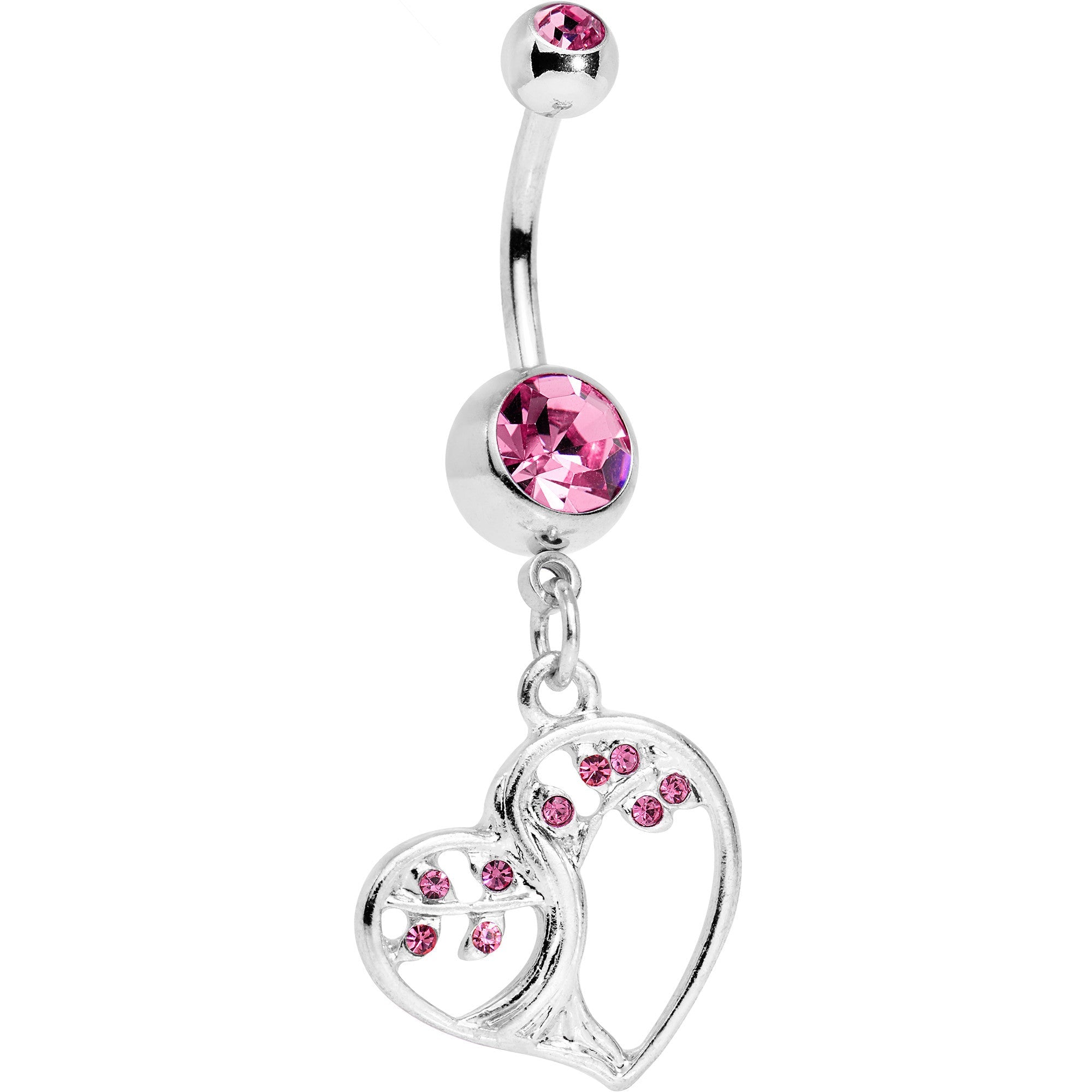 Pink CZ Gem Tree of Life Heart Dangle Belly Ring - BodyCandy - Flyclothing LLC