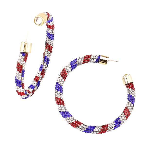 Clear Stone Detail Rhinestone Pave USA Flag Half Hoop Earrings Patriotic Earrings Rhinestone Hoop Earrings - Madeline Love - Flyclothing LLC