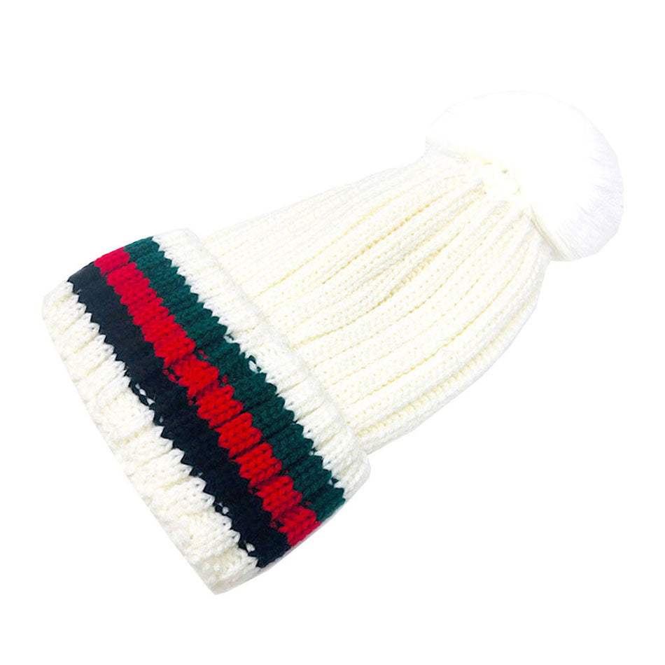 Color Block Acrylic Knit Pom Pom Warm Cozy Beanie Hat - Madeline Love - Flyclothing LLC
