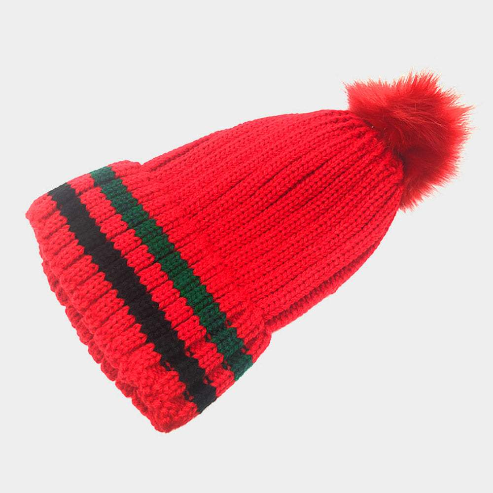 Color Block Knit Pom Pom Beanie Hat - Madeline Love - Flyclothing LLC