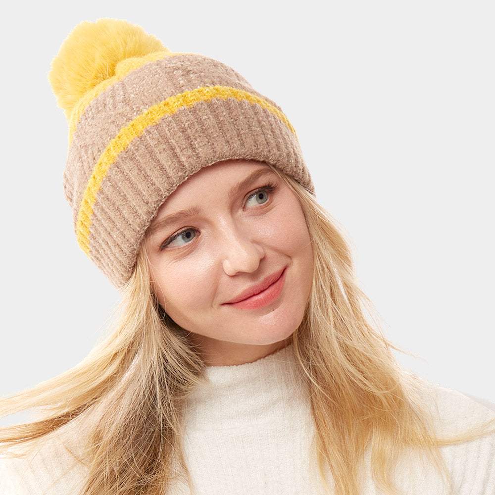 Colorful Lurex Accented Two Tone Knit Pom Pom Beanie Hat - Madeline Love - Flyclothing LLC