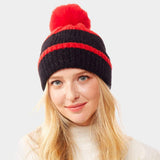 Colorful Lurex Accented Two Tone Knit Pom Pom Beanie Hat - Madeline Love - Flyclothing LLC