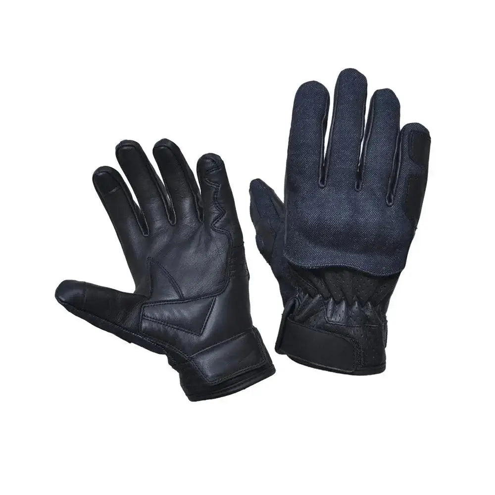 Mens Denim / Leather Full Finger Gloves - Unik Just for Bikers - Flyclothing LLC