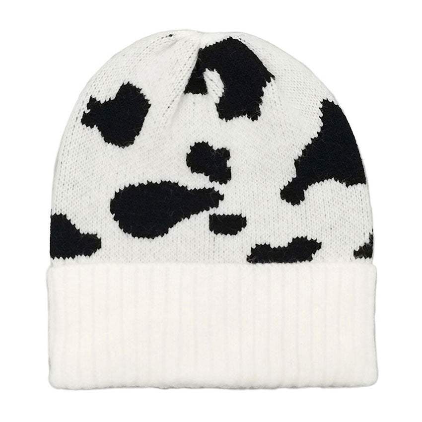 Cow Pattern Ribbed Knit Cuff Beanie Hat - Madeline Love - Flyclothing LLC