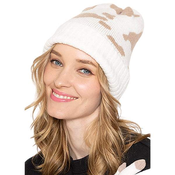 Cow Pattern Ribbed Knit Cuff Beanie Hat - Madeline Love - Flyclothing LLC