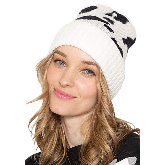 Cow Pattern Ribbed Knit Cuff Beanie Hat - Madeline Love - Flyclothing LLC