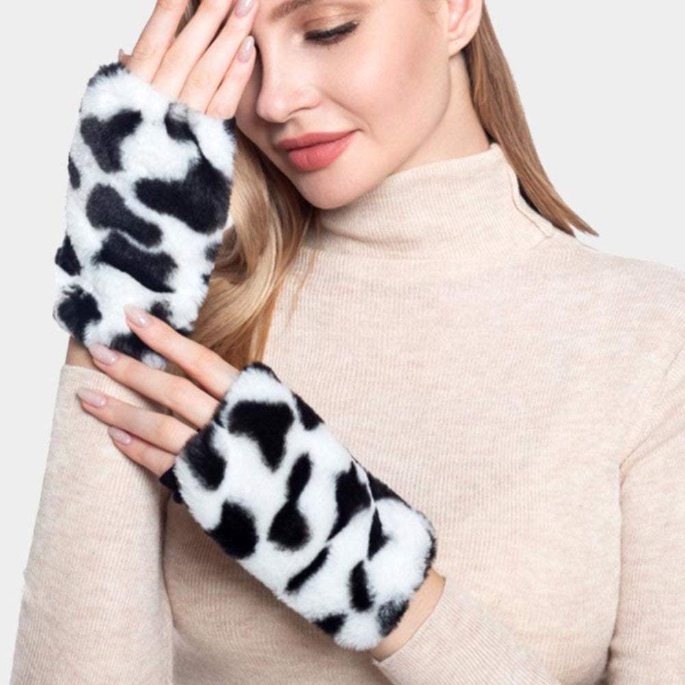 Cow Patterned Faux Fur Fingerless Gloves - Madeline Love - Flyclothing LLC