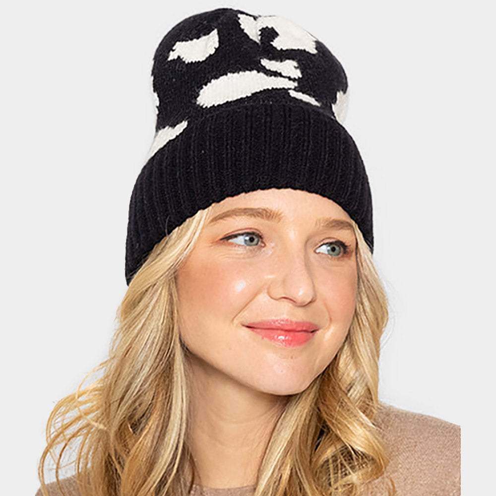 Cow Patterned Ribbed Knit Cuff Beanie Hat - Madeline Love - Flyclothing LLC