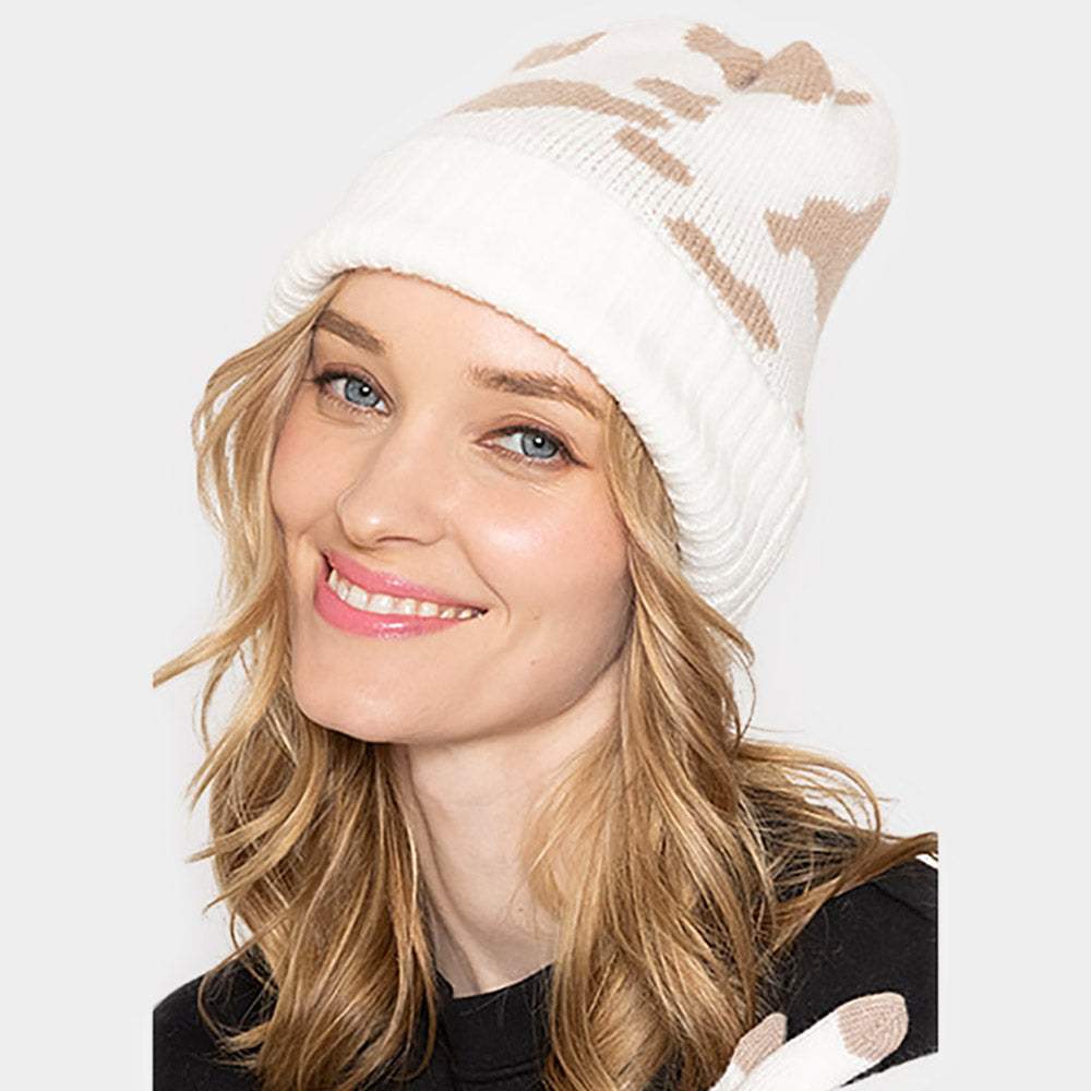Cow Patterned Ribbed Knit Cuff Beanie Hat - Madeline Love - Flyclothing LLC