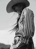 Women's Cowboygirl Ranch Rig Rust Horseshoe Stripe Print Granddaddy Snap Shirt