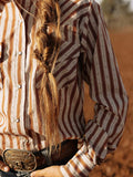 Women's Cowboygirl Ranch Rig Rust Horseshoe Stripe Print Granddaddy Snap Shirt