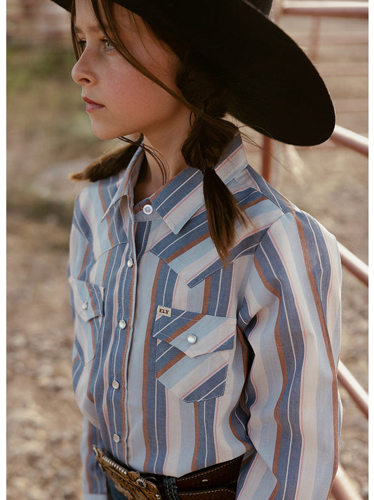 Girl's Cowboygirl Ecru & Cowboy Blue Stripe Granddaddy Western Snap Shirt