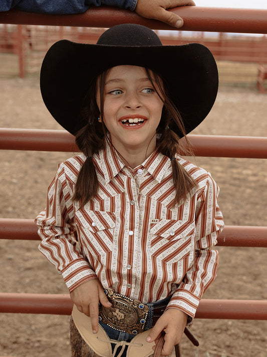 Girl's Cowboygirl Rust Horseshoe Stripe Print Granddaddy Western Snap Shirt