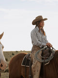 Women's Cowboygirl Horseshoe Cowboy Blue Stripe Print Granddaddy Snap Shirt