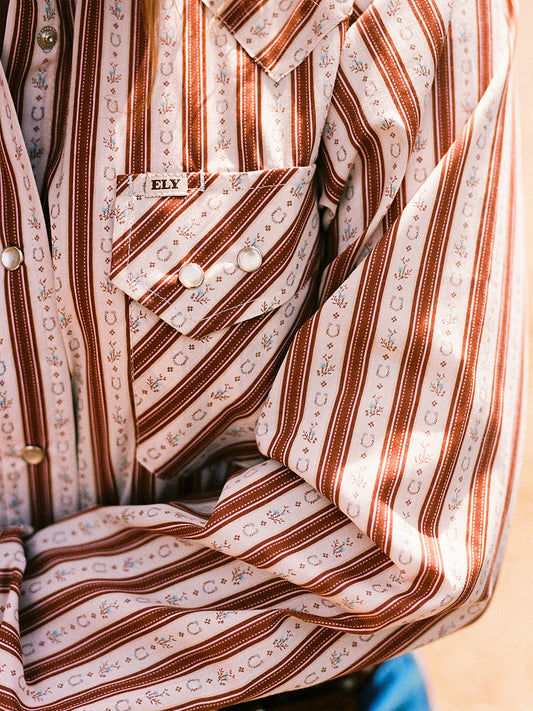 Women's Cowboygirl Ranch Rig Rust Horseshoe Stripe Print Granddaddy Snap Shirt