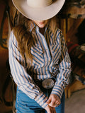 Women's Cowboygirl Horseshoe Cowboy Blue Stripe Print Granddaddy Snap Shirt