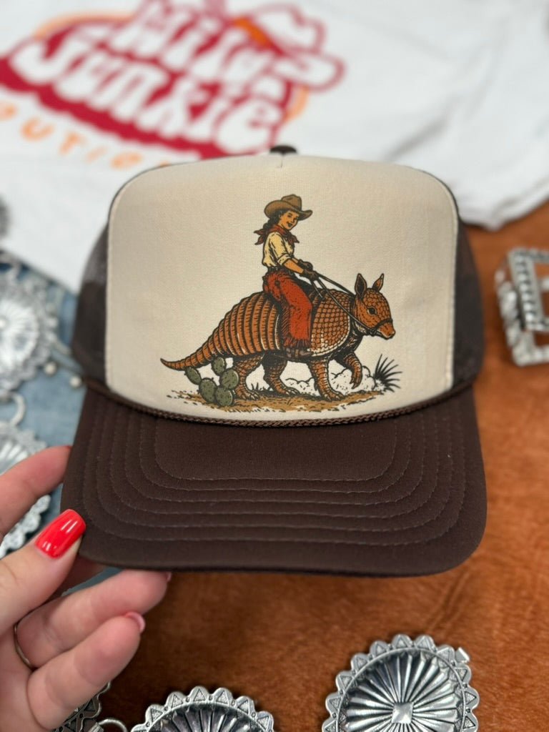 Cowgirl Riding Armadillo Trucker Hat