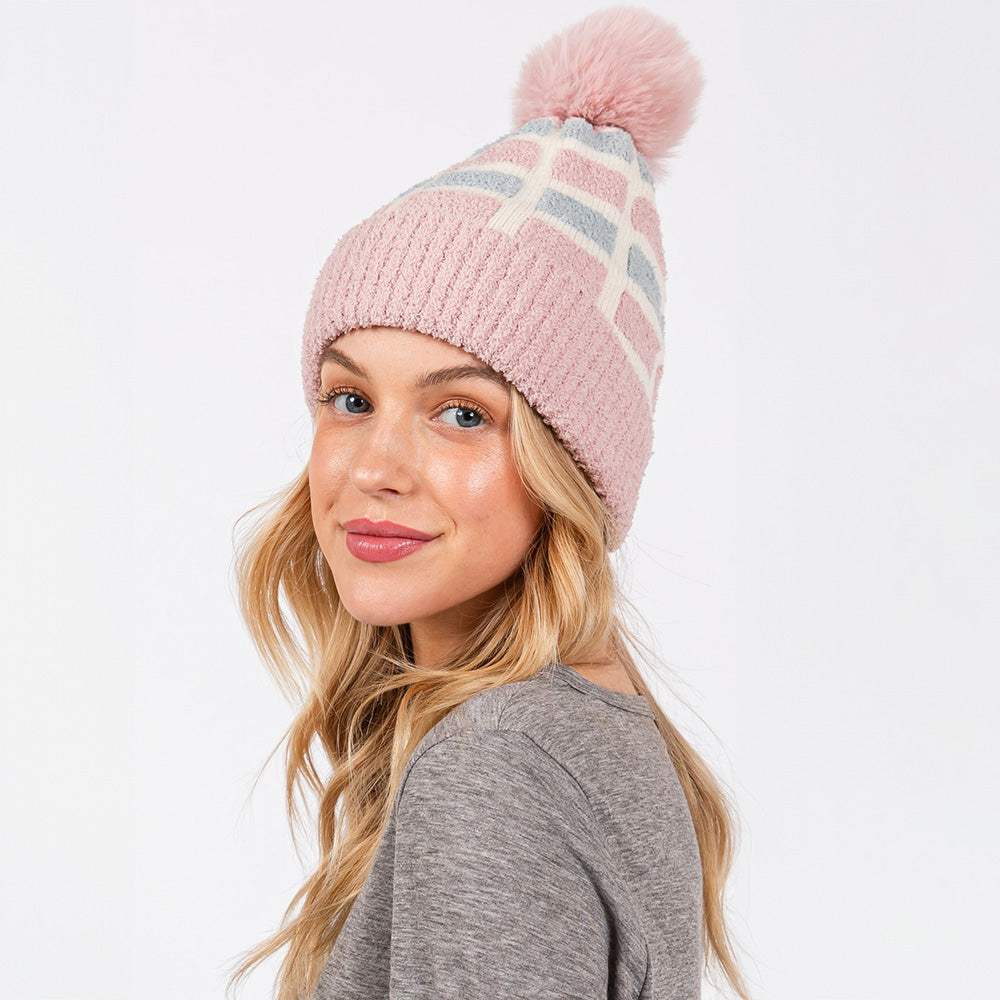 Cozy Color Blocked Pom Pom Beanie Hat - Madeline Love - Flyclothing LLC
