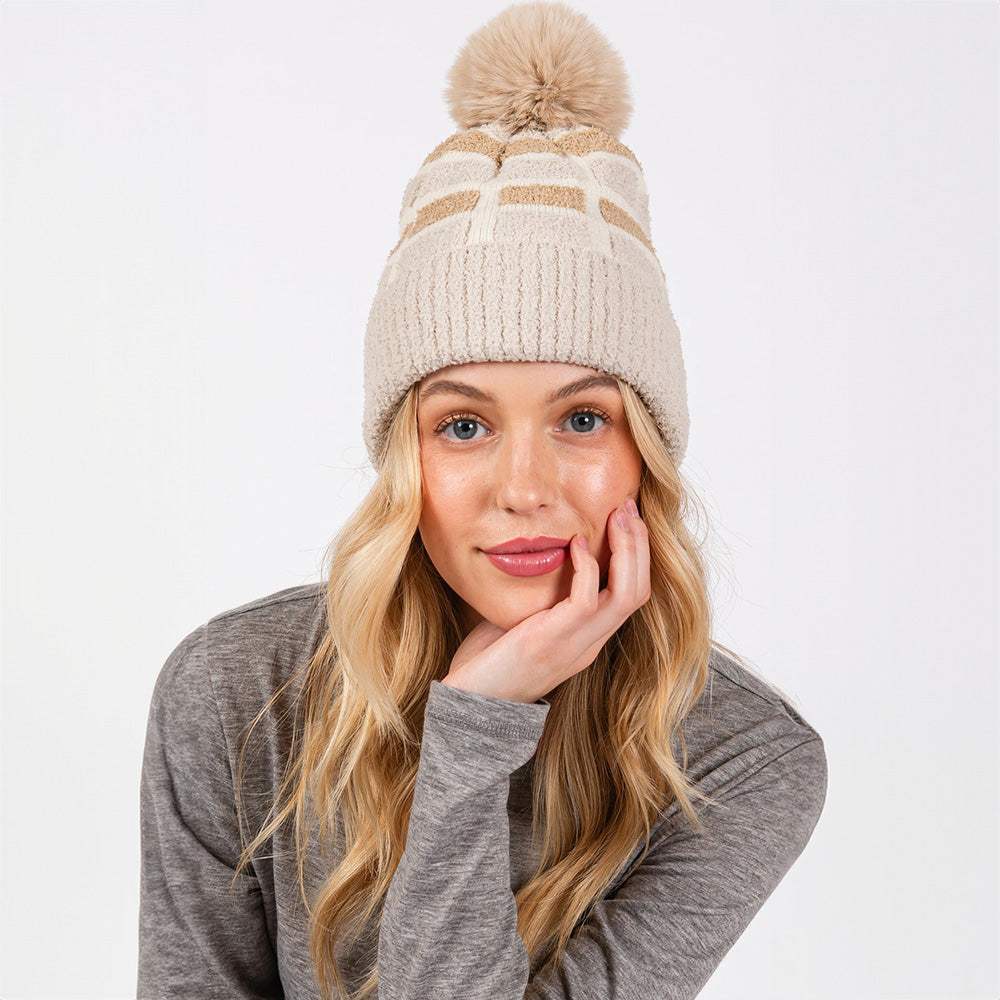 Cozy Color Blocked Pom Pom Beanie Hat - Madeline Love - Flyclothing LLC