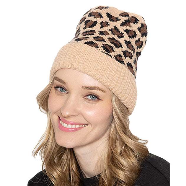 Cozy Leopard Patterned Ribbed Knit Cuff Beanie Hat - Madeline Love - Flyclothing LLC