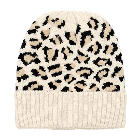Cozy Leopard Patterned Ribbed Knit Cuff Beanie Hat - Madeline Love - Flyclothing LLC