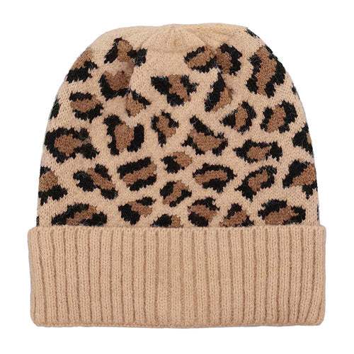 Cozy Leopard Patterned Ribbed Knit Cuff Beanie Hat - Madeline Love - Flyclothing LLC