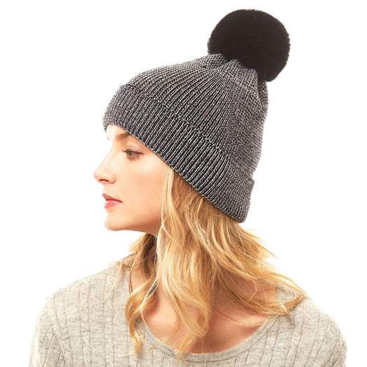 Cozy Metallic Thread Pom Pom Beanie Hat - Madeline Love - Flyclothing LLC