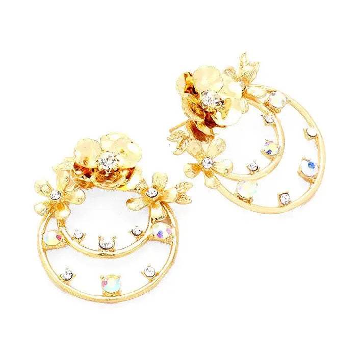 Crystal Embellished Floral Brass Metal Round Dangle Earrings - Madeline Love - Flyclothing LLC