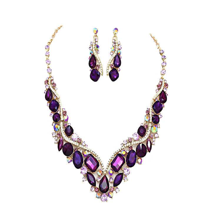 Crystal Inset Necklace matching Earrings Evening Set - Madeline Love - Flyclothing LLC