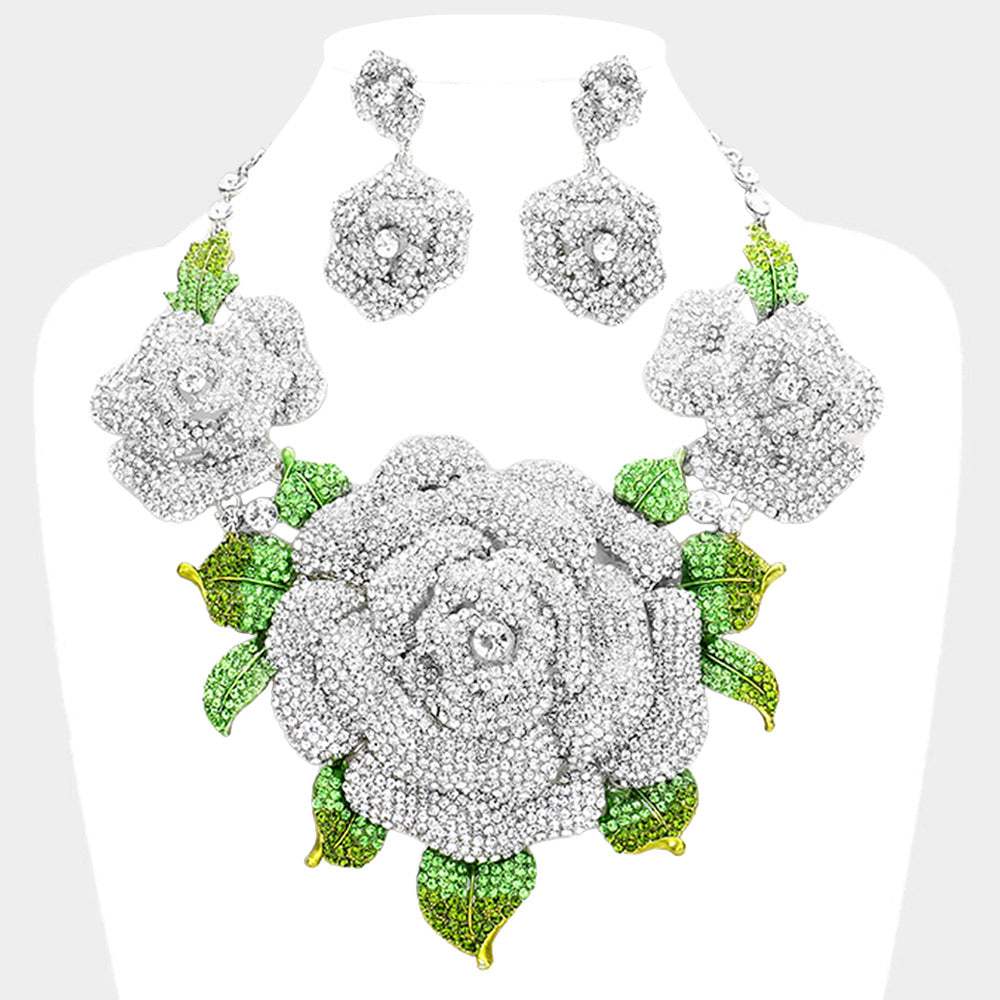 Crystal Pave Rose Flower Accented Evening Necklace - Madeline Love - Flyclothing LLC