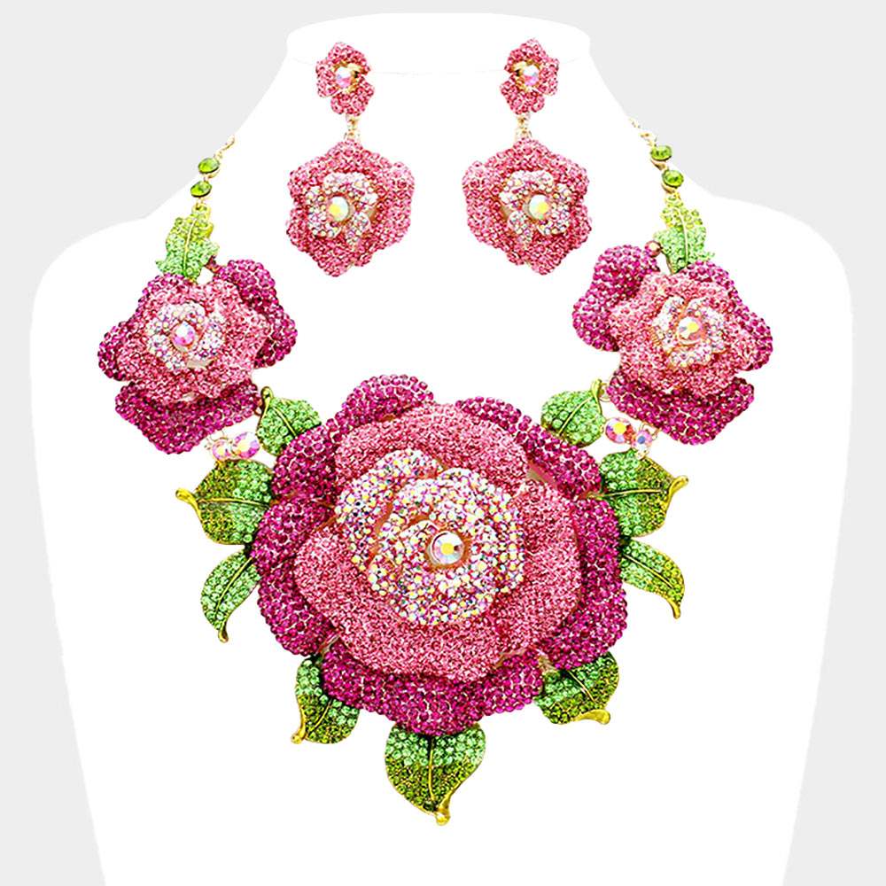 Crystal Pave Rose Flower Accented Evening Necklace - Madeline Love - Flyclothing LLC