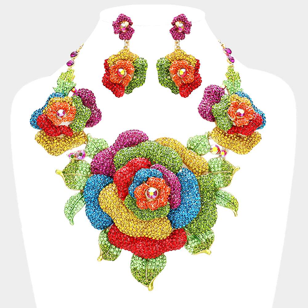 Crystal Pave Rose Flower Accented Evening Necklace - Madeline Love - Flyclothing LLC