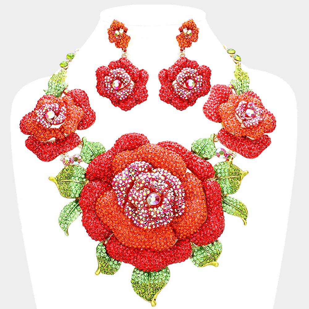 Crystal Pave Rose Flower Accented Evening Necklace - Madeline Love - Flyclothing LLC