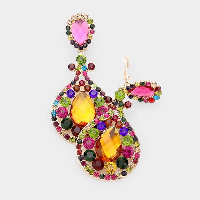 Crystal Pave Trimmed Teardrop Clip On Earrings - Madeline Love - Flyclothing LLC