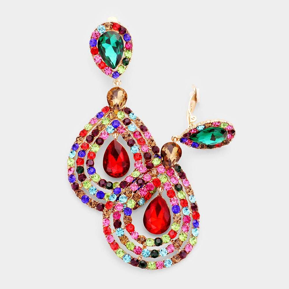 Crystal Pave Trimmed Teardrop Clip On Earrings - Madeline Love - Flyclothing LLC