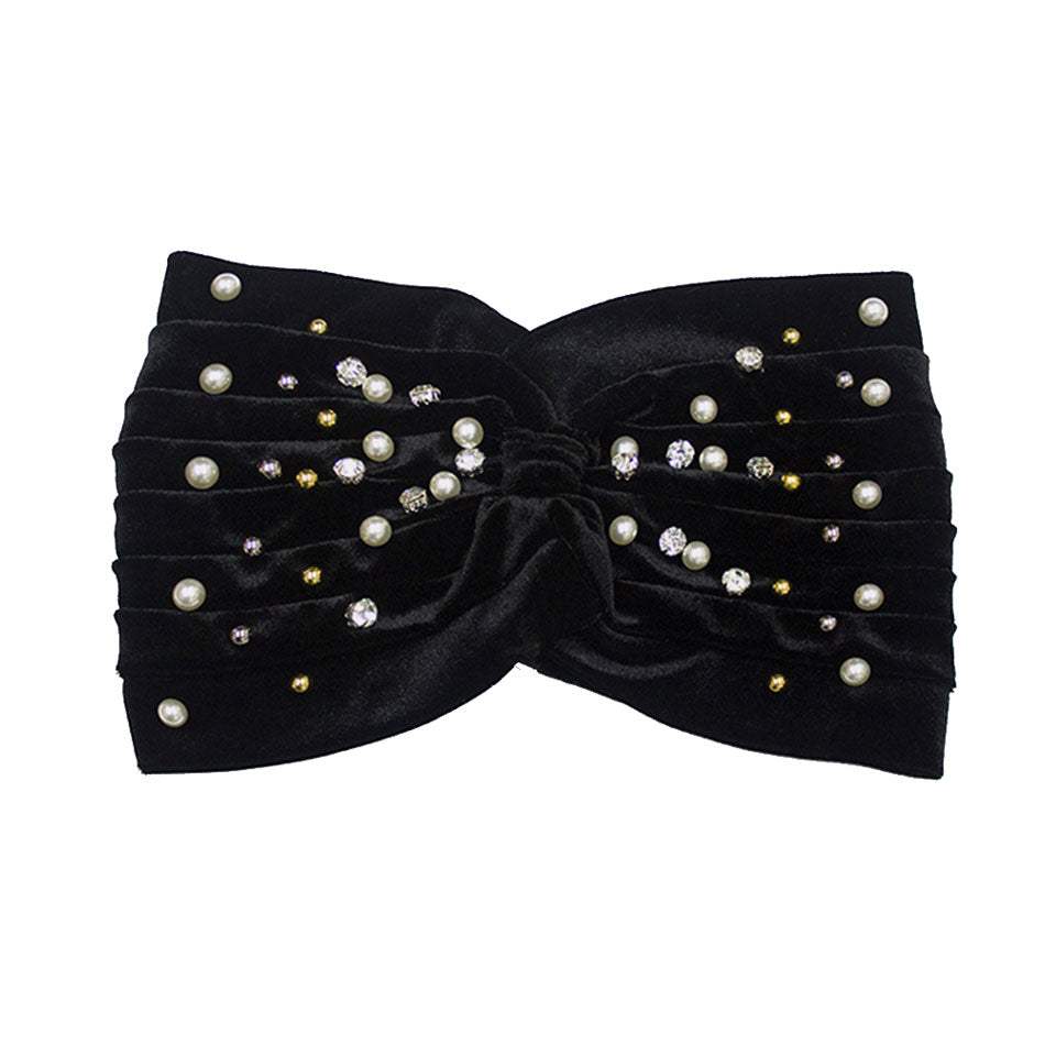 Crystal Pearl Detailed Twisted Velvet Headband Earmuff - Madeline Love - Flyclothing LLC