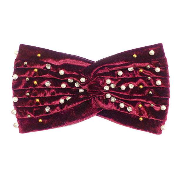 Crystal Pearl Detailed Twisted Velvet Headband Earmuff - Madeline Love - Flyclothing LLC