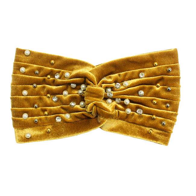 Crystal Pearl Detailed Twisted Velvet Headband Earmuff - Madeline Love - Flyclothing LLC